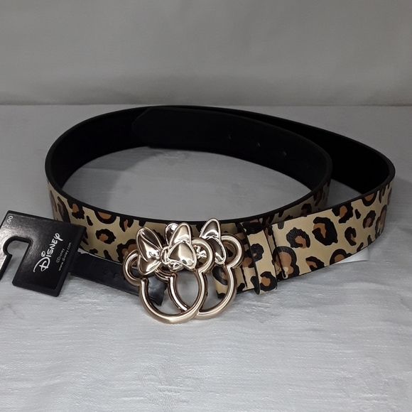 NWT! Disney (Women's Medium) Minnie Mouse Cheetah Print Gold Buckle Belt - Picture 1 of 8